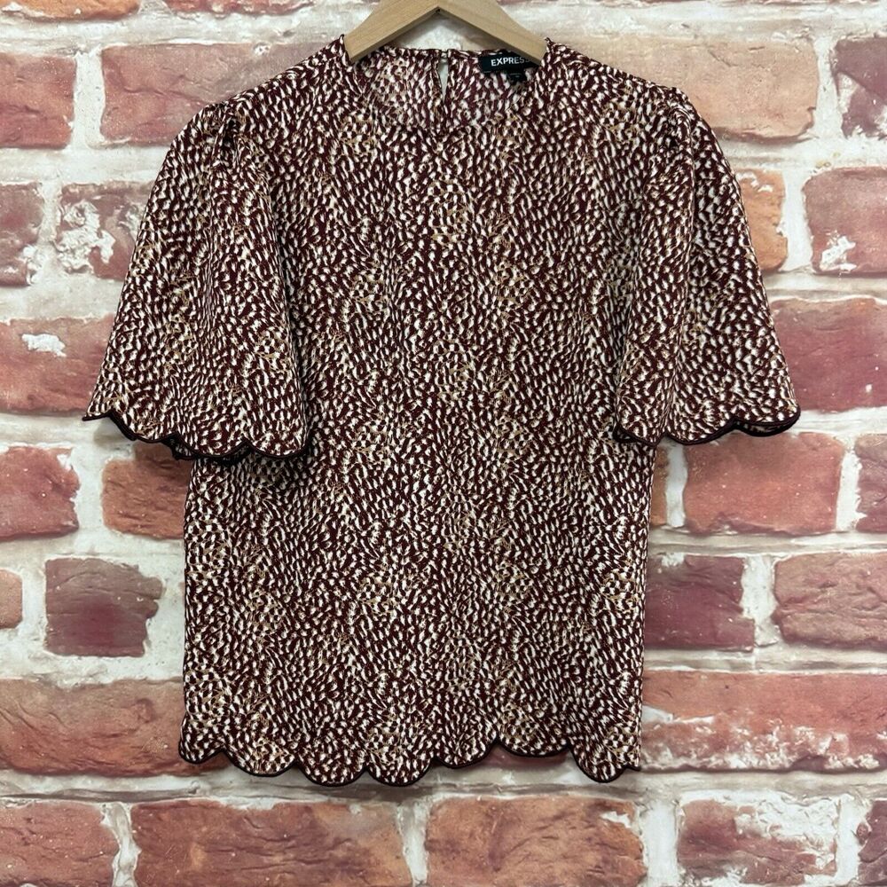 Express Top Women's Medium Brown Multicolor Abstract Scalloped Trim Shirt
